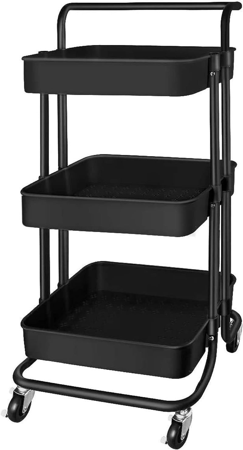 YumLock 3 Tier Rolling Storage Cart with Wheels Handle, Heavy Duty Mobile Rolling Utility Cart Multifunction Large Storage Shelves Organizer with Mesh Basket for Kitchen, Bathroom, Bedroom, Office, Black - Image 1