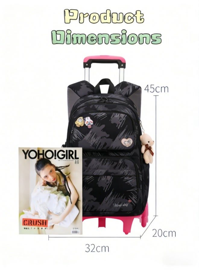 حقيبة ظهر للأطفال بعجلات، حقيبة ظهر مدرسية بعجلات لحماية العمود الفقري، حقيبة سفر خفيفة الوزن بعجلات، مقاومة للماء ومتعددة الطبقات للتخزين، تصميم بست عجلات للسلالم (أسود، 5155) - Image 3