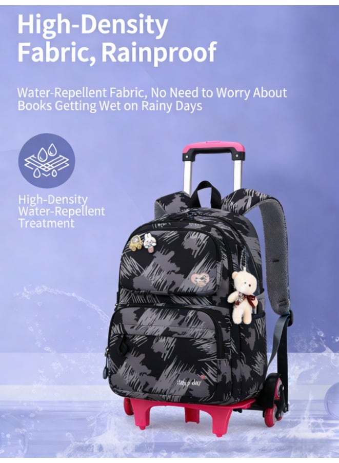 حقيبة ظهر للأطفال بعجلات، حقيبة ظهر مدرسية بعجلات لحماية العمود الفقري، حقيبة سفر خفيفة الوزن بعجلات، مقاومة للماء ومتعددة الطبقات للتخزين، تصميم بست عجلات للسلالم (أسود، 5155) - Image 4