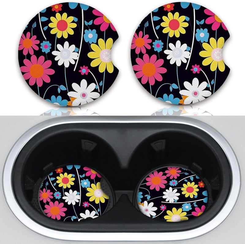 Adastrah 2pcs Colorful Flowers Car Cup Holder Coasters,Universal Non Slip Car Accessories,Cute Car Coasters with Finger Notch,Car Decoration Gifts, Accessory for Women&Men - Image 1