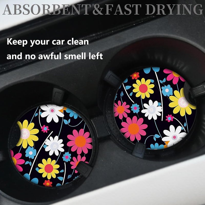 Adastrah 2pcs Colorful Flowers Car Cup Holder Coasters,Universal Non Slip Car Accessories,Cute Car Coasters with Finger Notch,Car Decoration Gifts, Accessory for Women&Men - Image 2