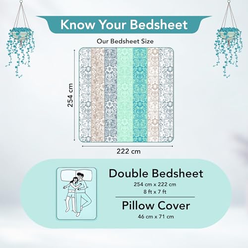 Divine Casa Double Size Bedsheet for Double Bed, 144 TC Pure Cotton Queen Size with 2 Pillow Covers | 222 By 254 cm | Floral | Grey & Blue - Image 3
