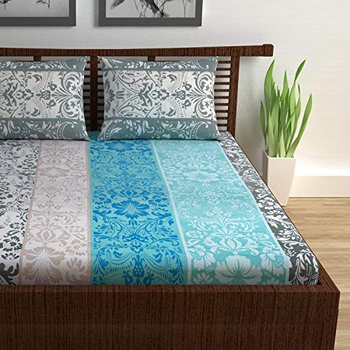 Divine Casa Double Size Bedsheet for Double Bed, 144 TC Pure Cotton Queen Size with 2 Pillow Covers | 222 By 254 cm | Floral | Grey & Blue - Image 2
