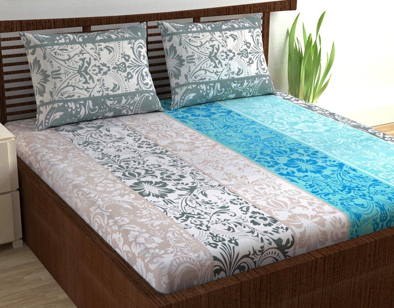 Divine Casa Double Size Bedsheet for Double Bed, 144 TC Pure Cotton Queen Size with 2 Pillow Covers | 222 By 254 cm | Floral | Grey & Blue - Image 1