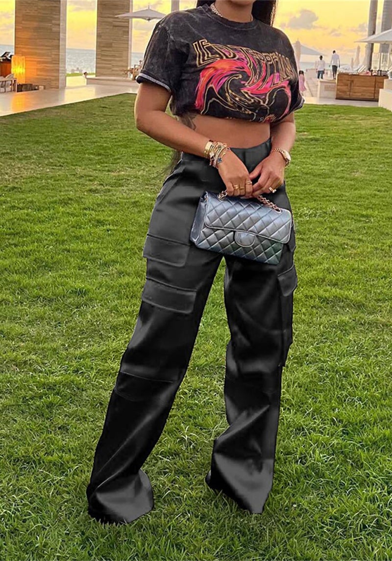 NRTHYE Women High Waist Metallic Cargo Pants Straight Silk Cargo Jogger Pants 2023 Cargo Trousers - Image 2