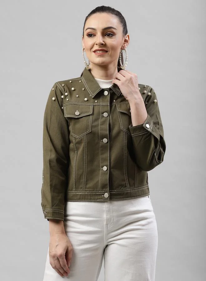 Kassually Kassually Women Olive Faux Pearl Embellished Denim Jacket