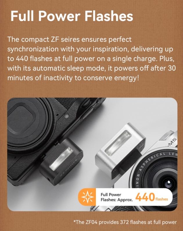 ZENIKO ZF08 Camera Flash - 440 Full Power Flashes/GN16 ISO200 0.5m/Type-C Charge/470mAh/3s Recycle Time/5 Power Levels/Mini Flash Compatible with Sony ZV-E10 ZV1 a7CII a7IV Ricoh GRIII etc. (Black) - Image 3