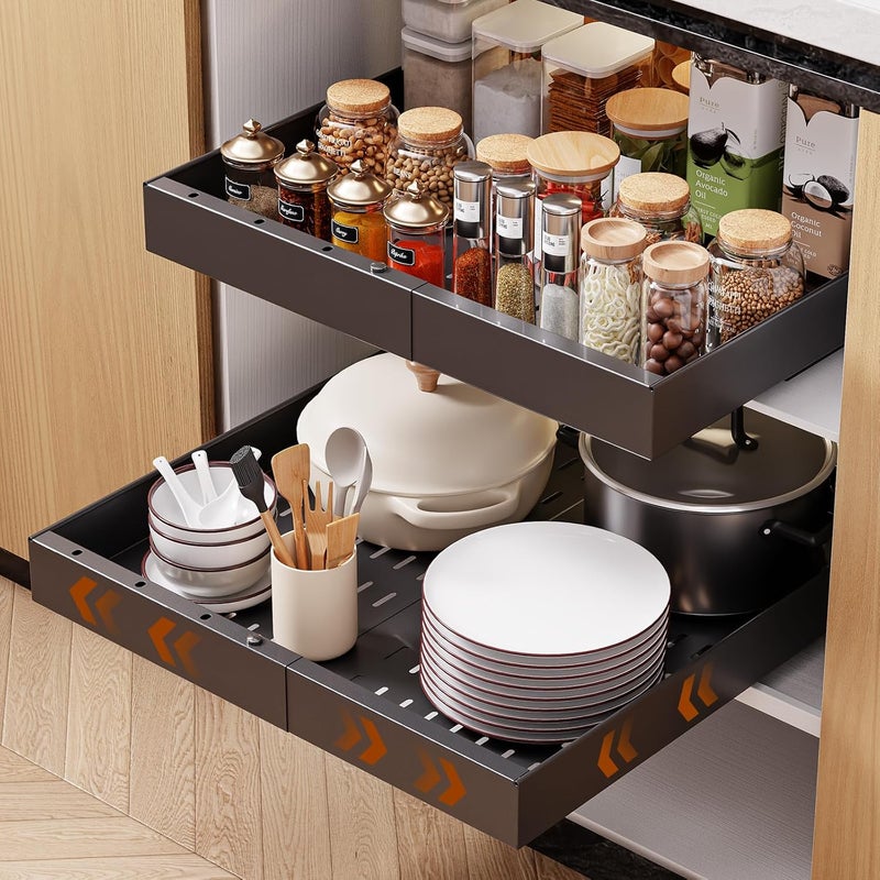 OneDream 2 Pack Pull Out Cabinet Organizer, 21" Deep Slide Out Drawers for Kitchen Cabinets, No Drill Adhesive Pull Out Drawers for Cabinets, Back Roll Out Shelves Adjustable Width 12.05"-20.4" - Image 1