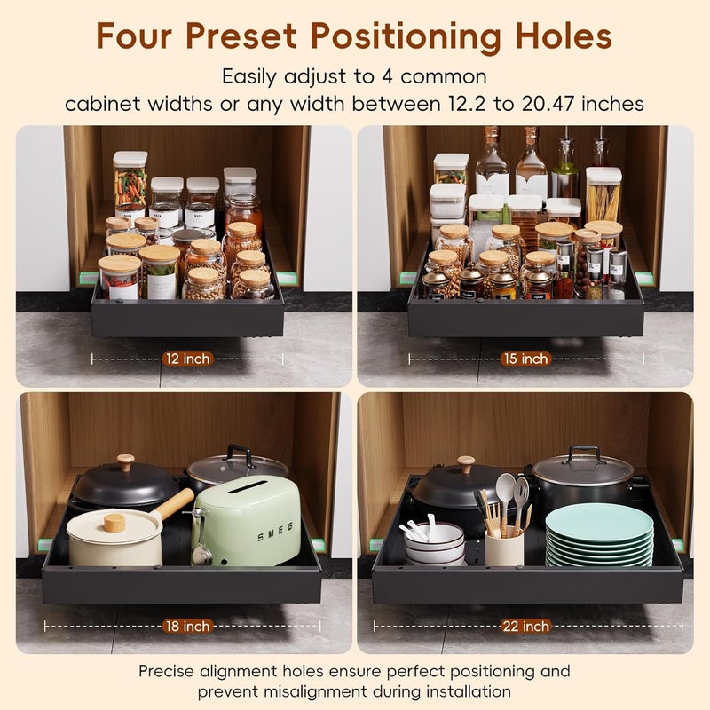 OneDream 2 Pack Pull Out Cabinet Organizer, 21" Deep Slide Out Drawers for Kitchen Cabinets, No Drill Adhesive Pull Out Drawers for Cabinets, Back Roll Out Shelves Adjustable Width 12.05"-20.4" - Image 5