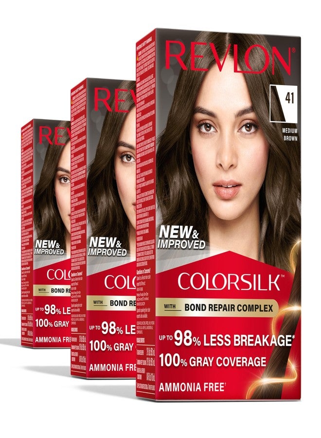 Revlon ColorSilk with Bond Repair Complex, Brown Permanent Hair Color, 100% Gray Coverage, Ammonia Free Hair Dye, Vegan Keratin, 41 Medium Brown (Pack of 3) - Image 1