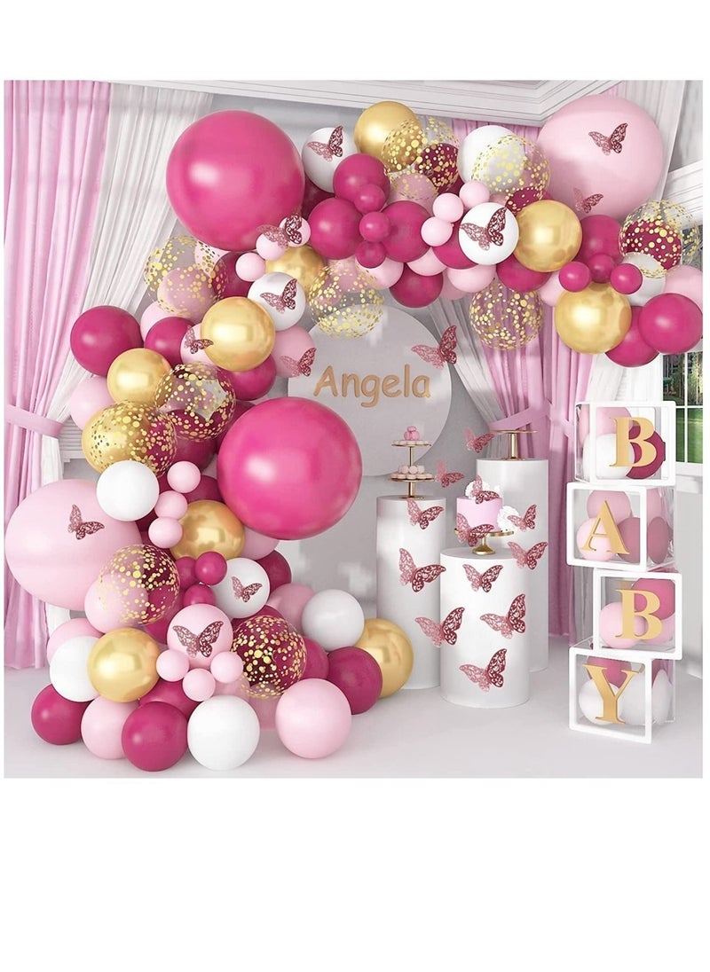 MIXDE 130Pcs Butterfly Pink Balloon Arch Garland Kit Rose Red and Gold Confetti Latex Party Balloons Accessories for Birthday Party Baby Shower Wedding Background Decorations - Image 1