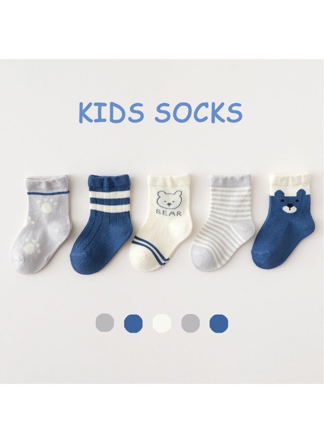 Combed Cotton Socks with Bear Pattern, White/Blue/Grey, 0-8 Years Old, 5 Pairs Pack - Image 1