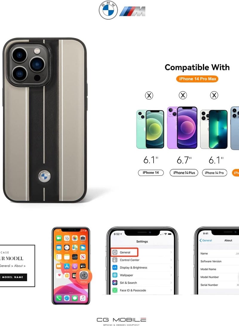 CG MOBILE BMW Phone Case for iPhone 14 Pro Max Signature Collection in Beige with Hot Stamped Lines, Real Leather Protective & Durable Case with Easy Snap-on, Shock Absorption & Signature Logo
