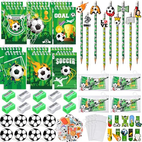 SNLN Soccer Party Favors Birthday Supplies School Stationery Bulk Mini Notebook Pencil Eraser Bookmark Sharpener Bag Sticker Goodie Stuffer Pinata Filler Boy Kids Soccer Themed Party Supplies - Image 1