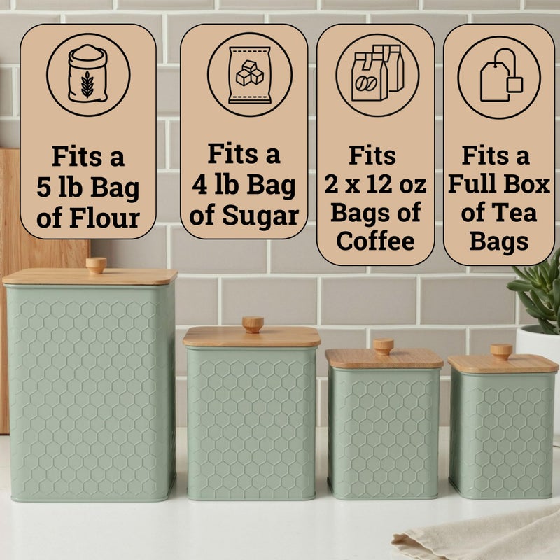 HB Design Co. Kitchen Canisters for Countertop Set of 4 - Textured Iron Kitchen Canisters with Airtight Lids - Flour Sugar Canister Set - Flour and Sugar Containers Farmhouse - Coffee Jar for Counter - Green Jar x4 - Image 3
