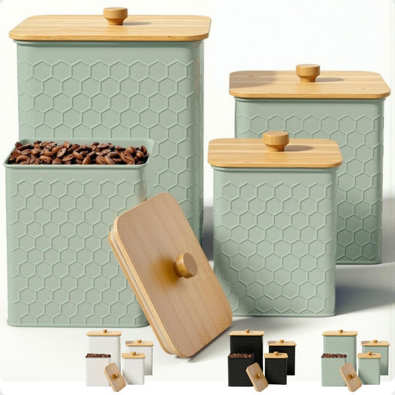 HB Design Co. Kitchen Canisters for Countertop Set of 4 - Textured Iron Kitchen Canisters with Airtight Lids - Flour Sugar Canister Set - Flour and Sugar Containers Farmhouse - Coffee Jar for Counter - Green Jar x4 - Image 1