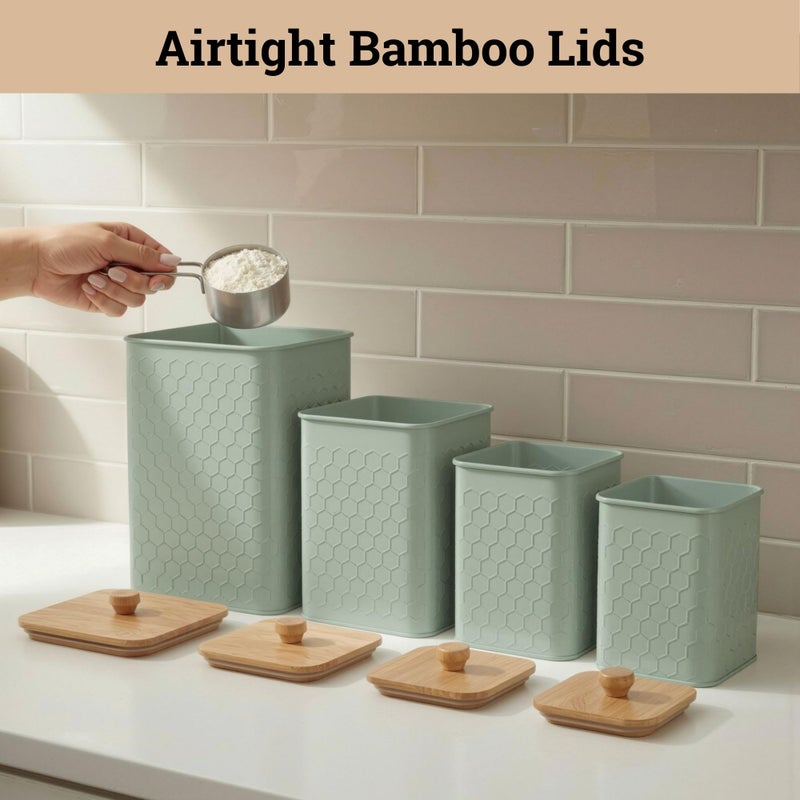 HB Design Co. Kitchen Canisters for Countertop Set of 4 - Textured Iron Kitchen Canisters with Airtight Lids - Flour Sugar Canister Set - Flour and Sugar Containers Farmhouse - Coffee Jar for Counter - Green Jar x4 - Image 5