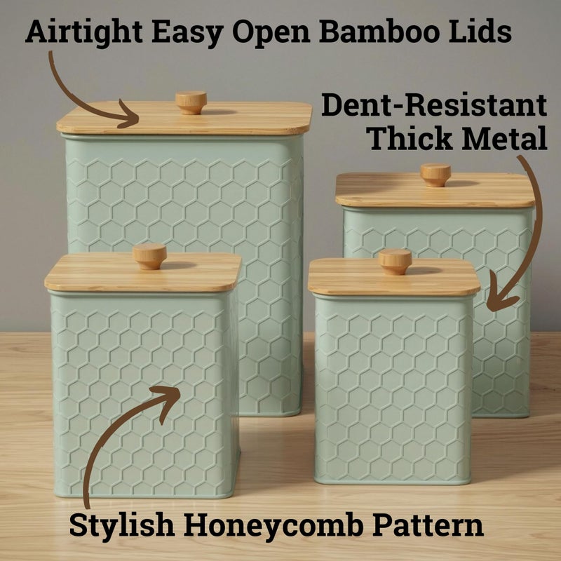 HB Design Co. Kitchen Canisters for Countertop Set of 4 - Textured Iron Kitchen Canisters with Airtight Lids - Flour Sugar Canister Set - Flour and Sugar Containers Farmhouse - Coffee Jar for Counter - Green Jar x4 - Image 2