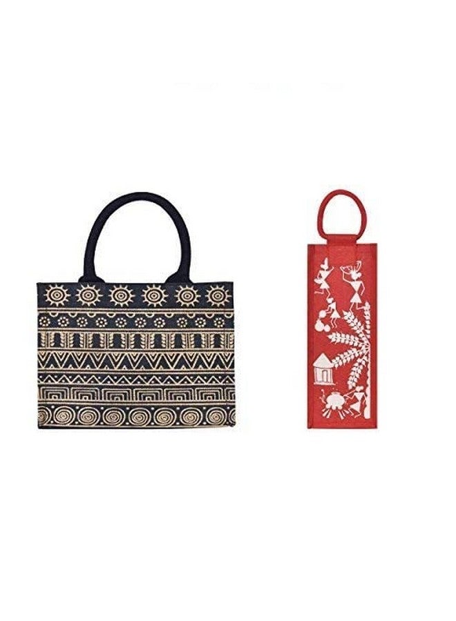 Jute Cottage حقيبة غداء متوسطة متعددة الاستخدامات بطباعة أزتيك وحقيبة جوت مع زجاجة ماء بطباعة وارلي - Image 1