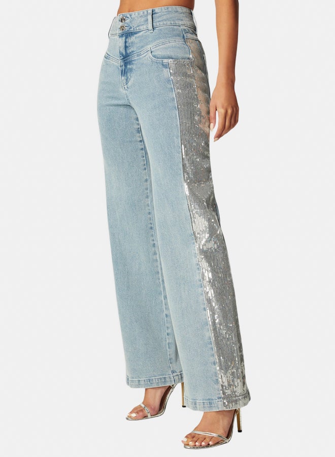 bebe جينز واسع الساق بخصر مرتفع مزين بالخرز - Image 1