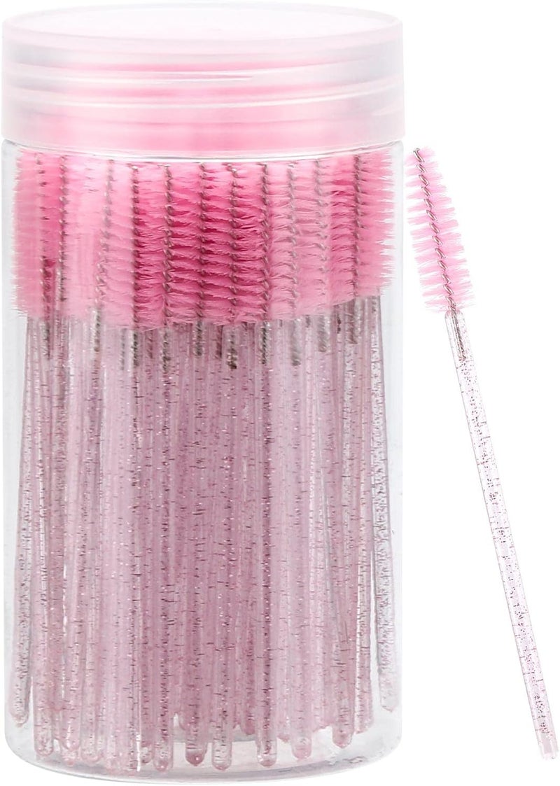 Tbestmax 100 Pcs Disposable Mascara Wands, Crystal Eyebrow Spoolies Brush for Eyelash Extensions, Pink Lash Brushes with Container - Image 1