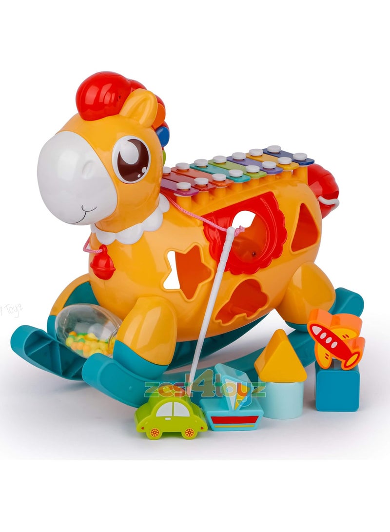 Let your child have fun and learn at the same time with this magical rocking horse!   - Colorful xylophone piano to boost hearing and creativity   - Shape sorting games to improve focus and hand-eye coordination   - Safe rocking horse for movement and balance   - Rotating balls and colorful beads to develop fine motor skills   - Bright, child-safe colors   - Enhances intelligence, sensory skills, and attention span   - Suitable for kids 1 year and up – a perfect gift for boys and girls! - Image 2