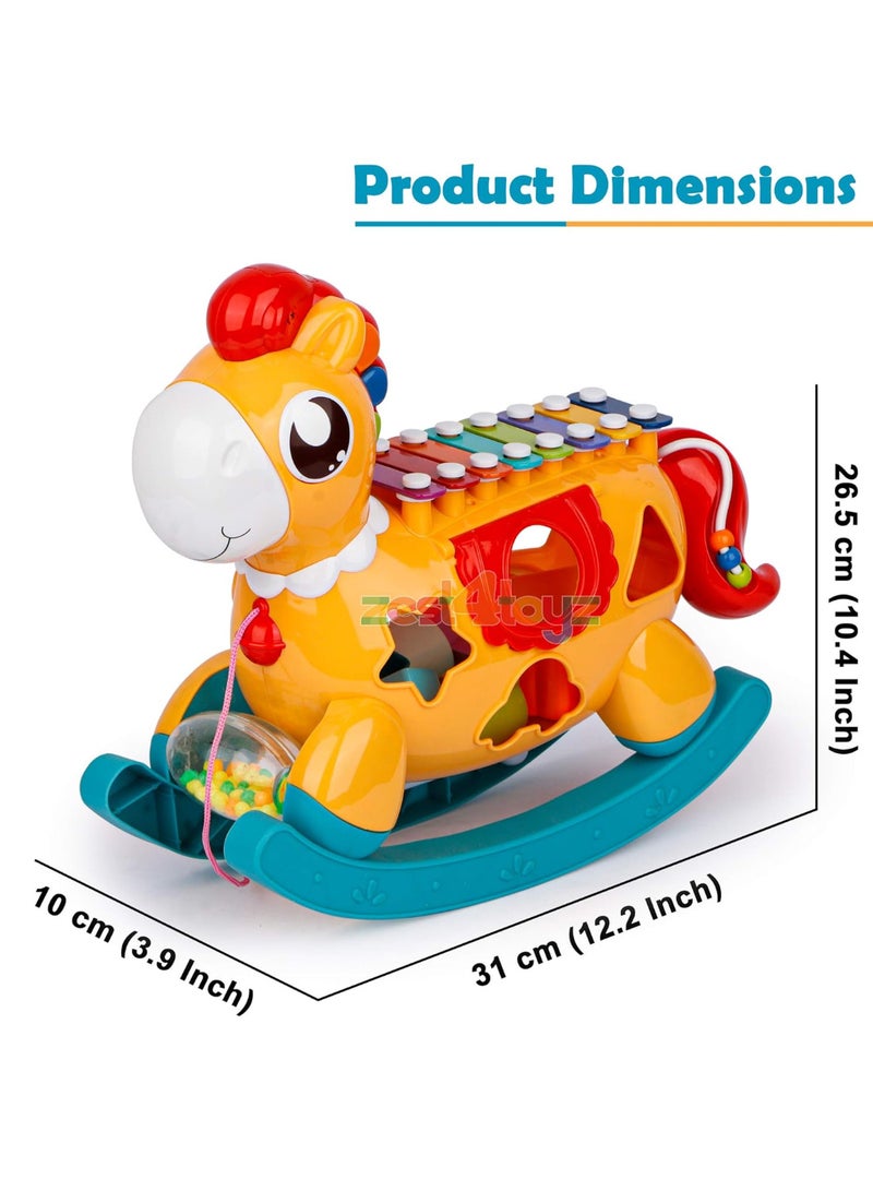 Let your child have fun and learn at the same time with this magical rocking horse!   - Colorful xylophone piano to boost hearing and creativity   - Shape sorting games to improve focus and hand-eye coordination   - Safe rocking horse for movement and balance   - Rotating balls and colorful beads to develop fine motor skills   - Bright, child-safe colors   - Enhances intelligence, sensory skills, and attention span   - Suitable for kids 1 year and up – a perfect gift for boys and girls! - Image 3