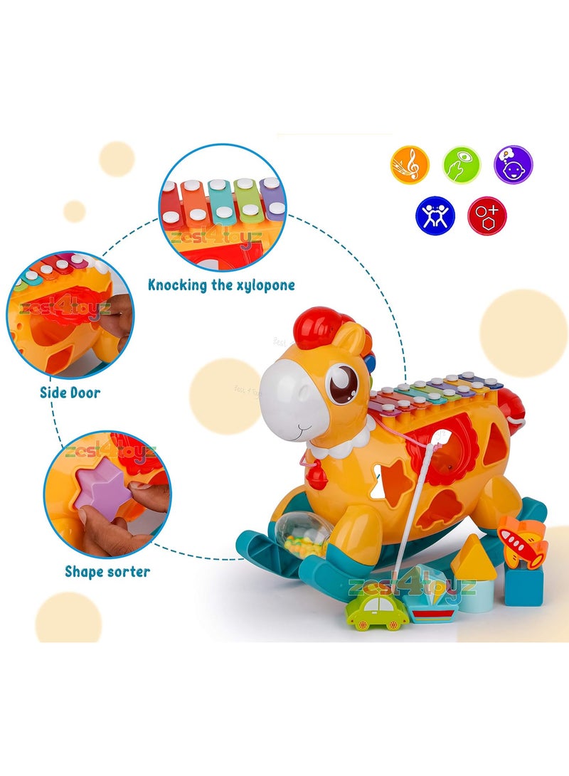 Let your child have fun and learn at the same time with this magical rocking horse!   - Colorful xylophone piano to boost hearing and creativity   - Shape sorting games to improve focus and hand-eye coordination   - Safe rocking horse for movement and balance   - Rotating balls and colorful beads to develop fine motor skills   - Bright, child-safe colors   - Enhances intelligence, sensory skills, and attention span   - Suitable for kids 1 year and up – a perfect gift for boys and girls! - Image 4