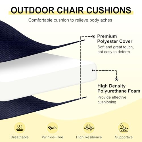 downluxe Outdoor Chair Cushions Set of 2 for Patio Furniture WaterResistant Square Corner Patio Chair Cushions with Ties High Density Foam Outdoor Seat Cushion 185 X 16 X 3 Navy - Image 3