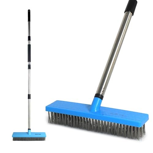 FRAXIR Stainless Steel Wire Broom Deck Scrubber Brush with 55” Adjustable Length Sturdy Long Handle, Stainless Steel Outdoor Broom for Cleaning Moss Concrete Floors Grout Gardens Patios - Image 1
