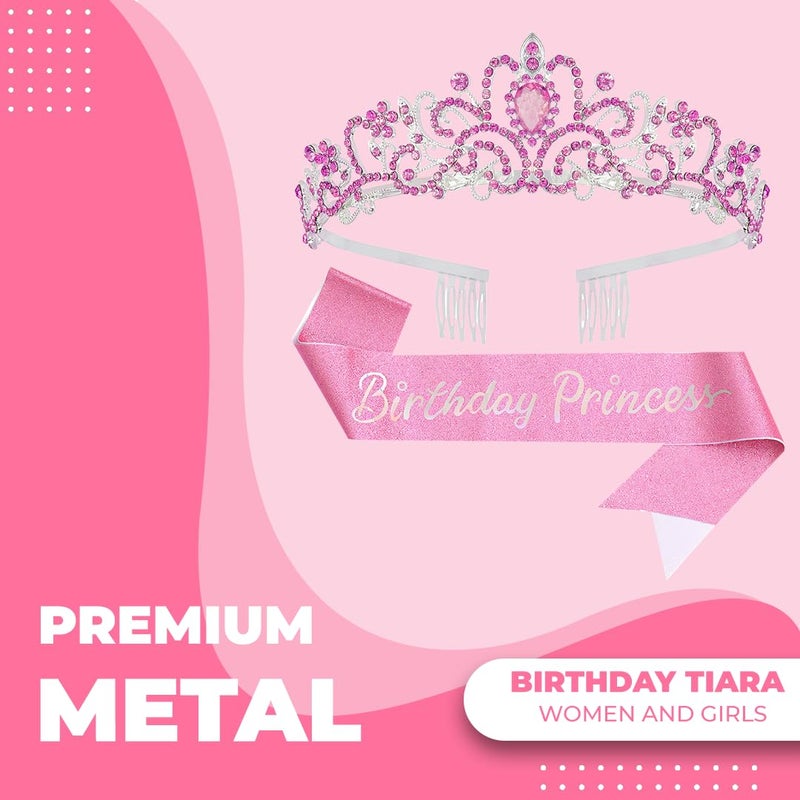 Papoopy Birthday Tiara and Crown with Sash for Women, Hair Accessories for Wedding Party Costume (C - Pink) - Image 2