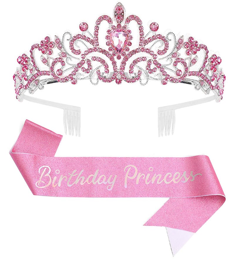 Papoopy Birthday Tiara and Crown with Sash for Women, Hair Accessories for Wedding Party Costume (C - Pink) - Image 1
