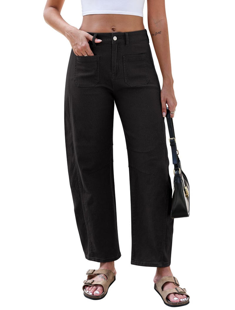 Eddoyee Wide Leg Barrel Pants Women - Stretchy High Waist Baggy Pants Y2k Boyfriend Ankle Trousers with Pockets Black - Image 1