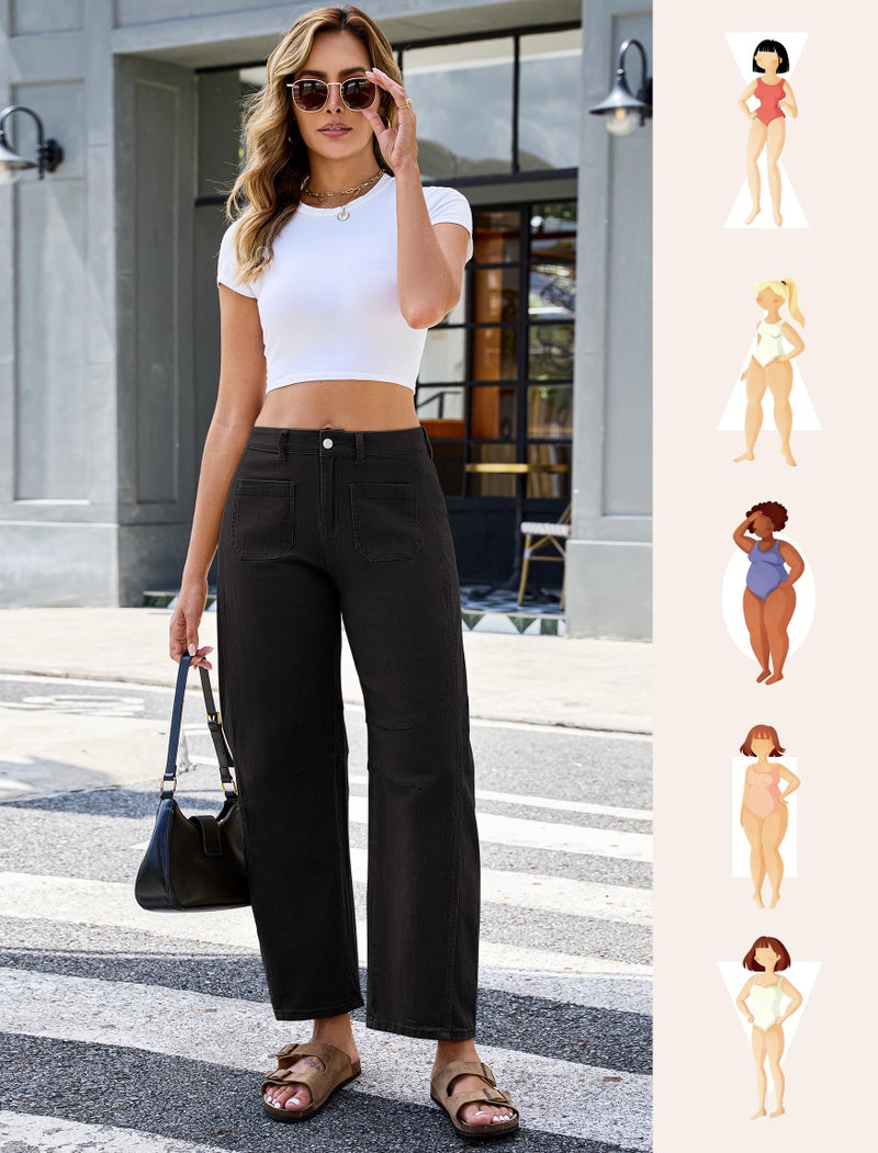 Eddoyee Wide Leg Barrel Pants Women - Stretchy High Waist Baggy Pants Y2k Boyfriend Ankle Trousers with Pockets Black - Image 4