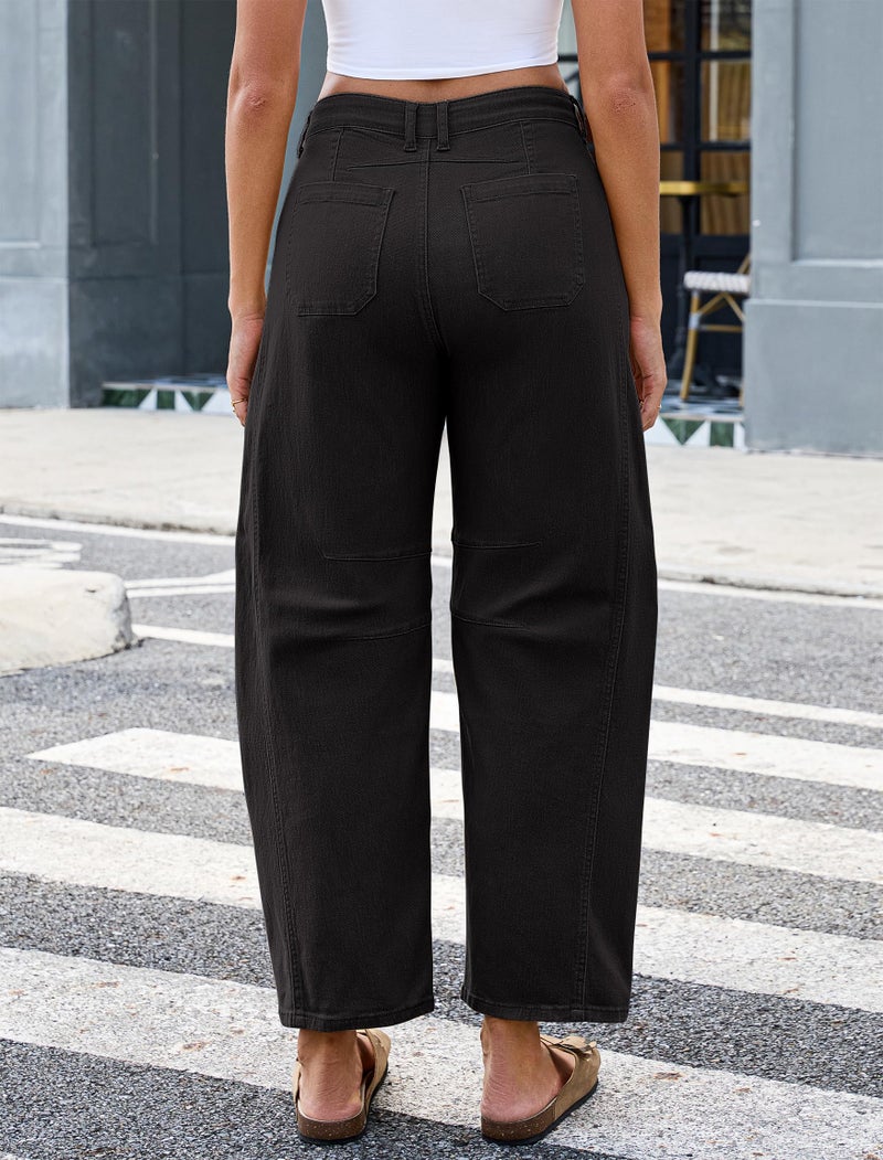 Eddoyee Wide Leg Barrel Pants Women - Stretchy High Waist Baggy Pants Y2k Boyfriend Ankle Trousers with Pockets Black - Image 2