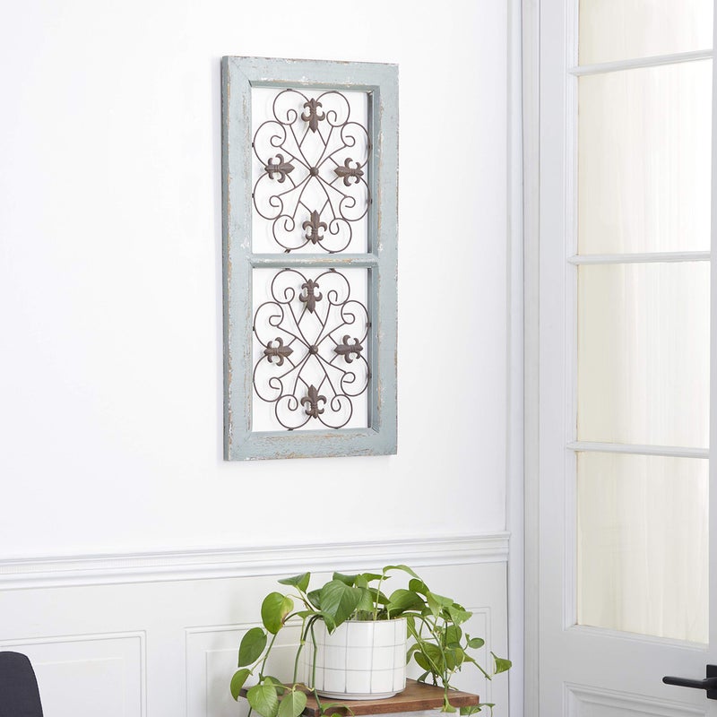 Deco 79 Deco 79 Wood Scroll Wall Decor with Metal Fleur De Lis Relief 16 x 1 x 31 Green 
