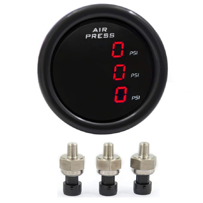 ZHSYMX LCD Three Pressure Air Pressure Gauge 290 PSI Air Pressure Gauge Kit for Air Ride Suspension Systems 2Inch 0290PSI with 3Pcs 18NPT Sensors and 165ft Sensor Cable LCD Red