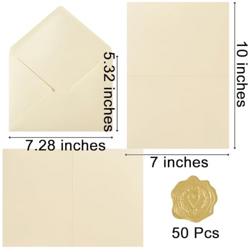 Toperd 50 Pack Cream A7 Envelopes with Cards 5x7 Thick Folded Cardstock and Gold Stickers for Greeting Cards Wedding Birthday Invitations Baby Showers Cream 5x7 - Image 3