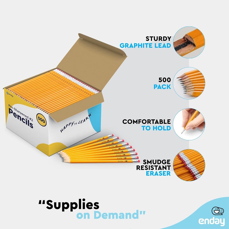 Enday #2 Pencils Bulk - 500 Pack - Pre-Sharpened #2 Wood-Cased Yellow Sharpened Pencils for Kids with Latex-Free Eraser Top for Office and Classroom Supplies - Image 3