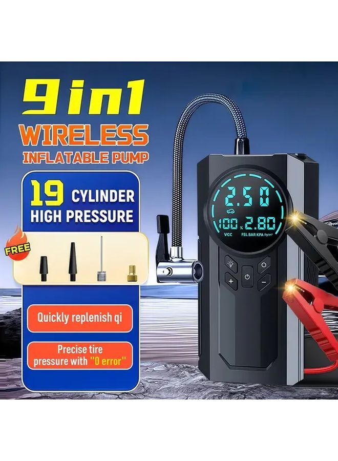 9 في 1 شاحن بطارية سيارة مع مضخة هواء 150 رطل/بوصة مربعة وشحن سريع عبر منفذ USB من النوع C باللون الأسود - Image 3