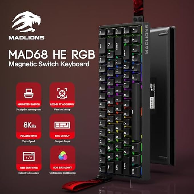rayihni لوحة مفاتيح الألعاب المغناطيسية MADLIONS MAD68 HE مع مفتاح سريع الاستجابة، 65% RGB قابل للتعديل، تأثير هول، معدل استجابة فائق السرعة 8K، مفاتيح PBT قابلة للتبديل، لوحة مفاتيح ميكانيكية لأجهزة الكمبيوتر/ماك (أسود) - Image 2