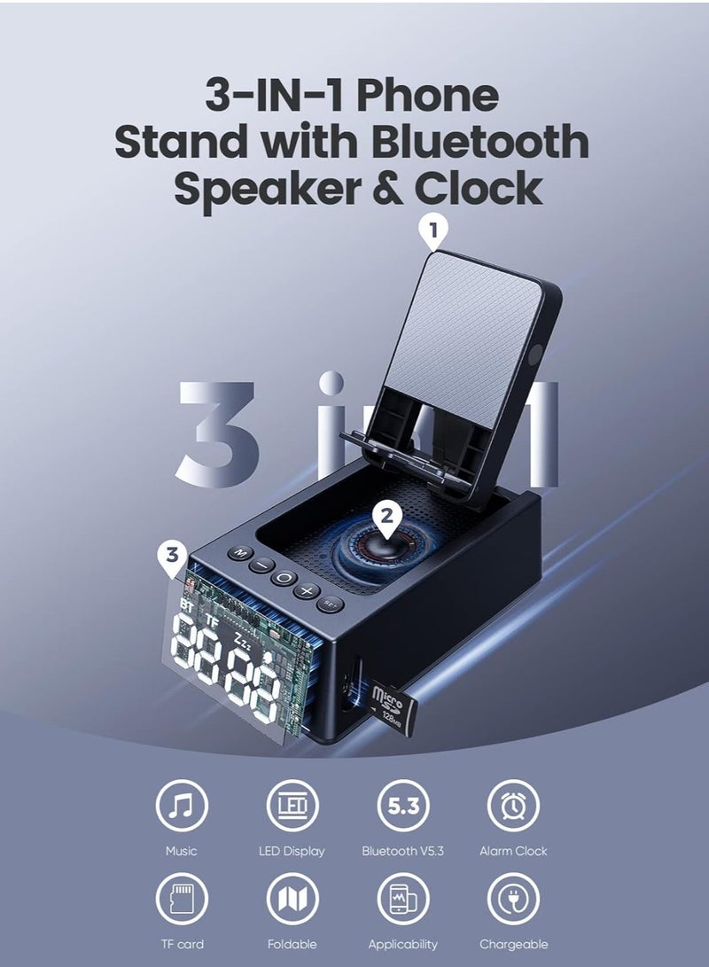 XiuWoo 3 in 1 Rechargeable Bluetooth Wireless Speaker, LED Display Clock, Foldable Phone Stand with Anti-Slip Based, HD Surround Sound Speaker, Adjustable Stand  - Image 2