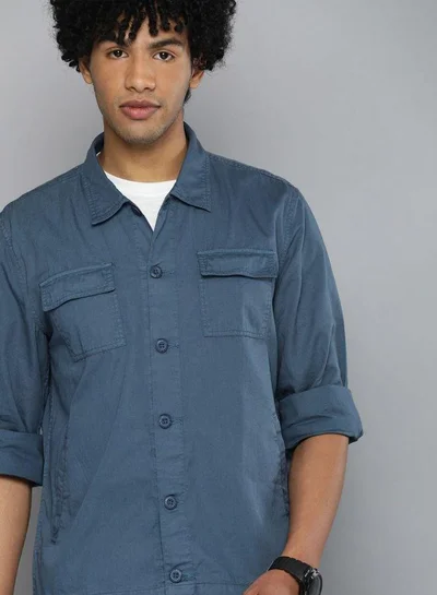 شركة المرآب الهندية Men Slim Fit Solid Full Sleeves Cutaway Collar Casual Over Shirt