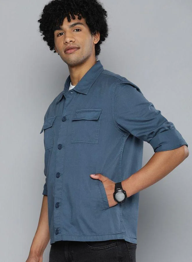The Indian Garage Co Men Slim Fit Solid Full Sleeves Cutaway Collar Casual Over Shirt