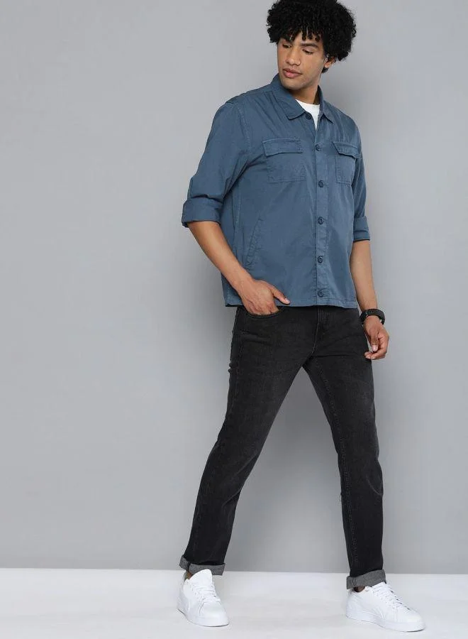The Indian Garage Co Men Slim Fit Solid Full Sleeves Cutaway Collar Casual Over Shirt
