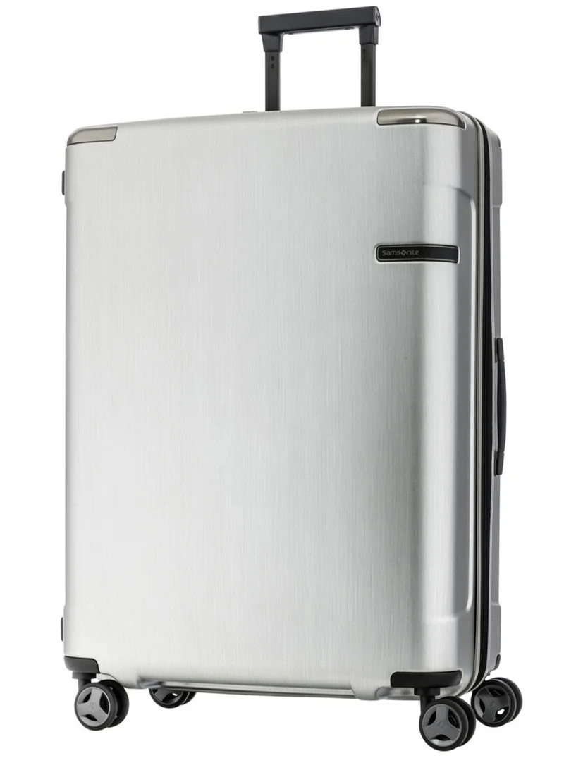 سامسونايت Evoa Suitcase Cabin Size 81 cm / 30 inch, 4 Spinner Wheels, Polycarbonate, Brushed Silver|Aero-Trac Suspension Wheels|TSA Lock|Divider Pad|Anti-Theft Secuirty Zipper|Expandable - 10 Years International Warranty