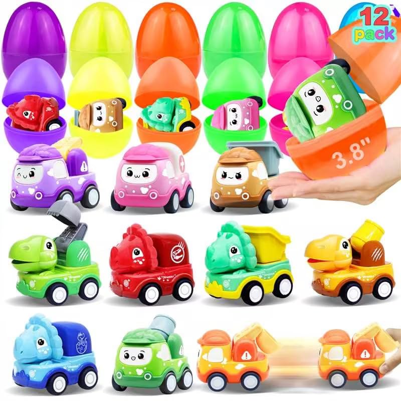 AMENON 12 Pack 38 Jumbo Easter Eggs Filled with Pull Back Cars Large Easter Eggs Filled Dinosaur Construction Vehicles Toys Easter Basket Stuffers for Toddlers Kids Boys Girls Fillers Party Favors Gifts - Image 1