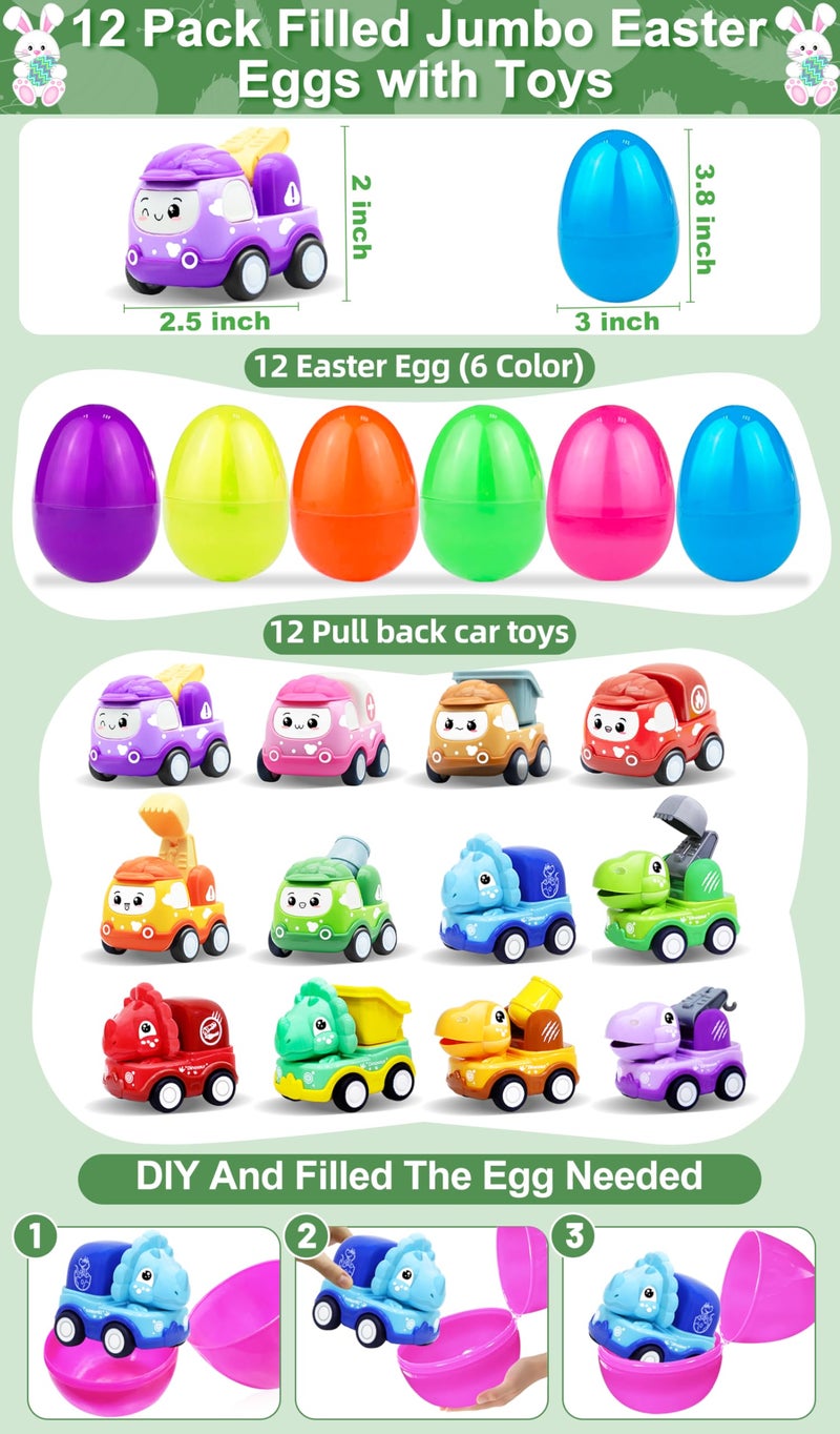 AMENON 12 Pack 38 Jumbo Easter Eggs Filled with Pull Back Cars Large Easter Eggs Filled Dinosaur Construction Vehicles Toys Easter Basket Stuffers for Toddlers Kids Boys Girls Fillers Party Favors Gifts - Image 5