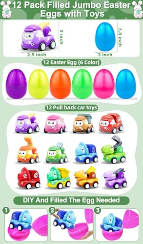 AMENON 12 Pack 38 Jumbo Easter Eggs Filled with Pull Back Cars Large Easter Eggs Filled Dinosaur Construction Vehicles Toys Easter Basket Stuffers for Toddlers Kids Boys Girls Fillers Party Favors Gifts - Image 4