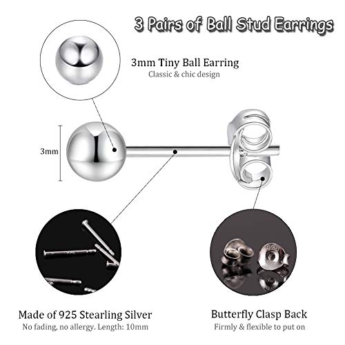 EPIRORA Sterling Silver Stud Earrings for Women Men- 3 Pairs 3mm Tiny Ball Stud Earrings Round CZ Earrings Pearl Earrings Set Cartilage Small Tragus Earrings - Image 2